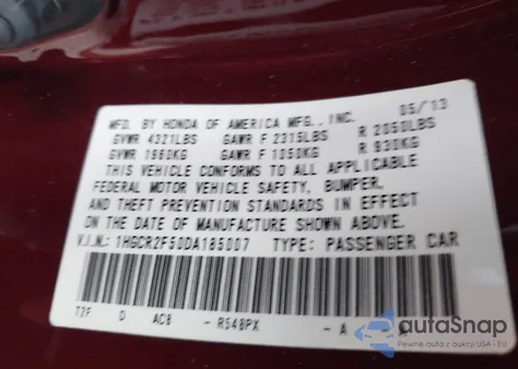 2013 Honda Accord Sport from USA, damaged, VIN 1HGCR2F50DA185007